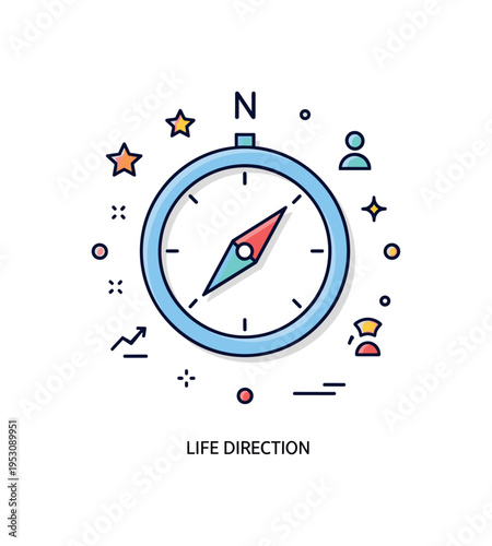 Life direction concept centered on a simple compass dial with one bold arrow pointing forward, symbolizing purpose and personal growth. The compact badge