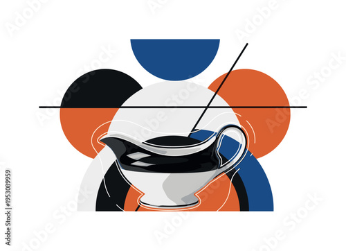 A black and white realistic ceramic gravy boat placed centrally, bold geometric circles and semicircles layered behind it like a rising sun, thin linear