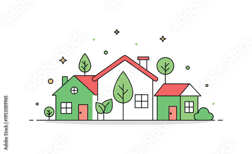 Green neighborhood living concept showing houses with small leaf and tree icons integrated, symbolizing sustainability and eco friendly community values. The