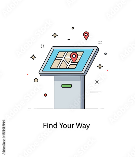 Interactive information kiosk scene centered on a standing touchscreen display with a simple map icon on screen. A compact ?Find Your Way? caption emphasizes