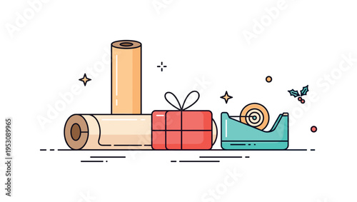 Holiday present preparation shown by wrapping paper roll and a small tape dispenser next to a partially wrapped gift, symbolizing creativity and seasonal