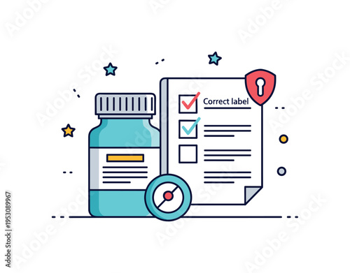 Pharmacy prescription verification shown as a medicine bottle next to a checklist with a small check mark, highlighting correct labeling and dosage compliance.