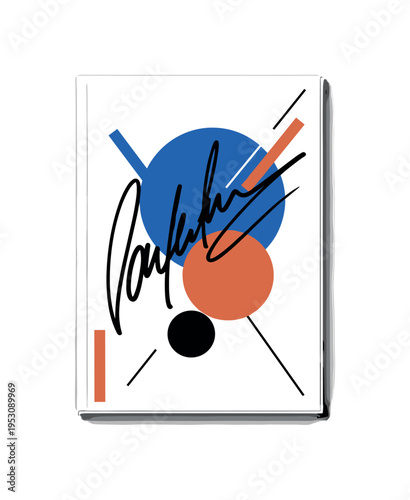 Black and white glossy magazine cover with a large autograph sweeping diagonally across, intersected by bold flat circles and minimal rectangular color blocks,
