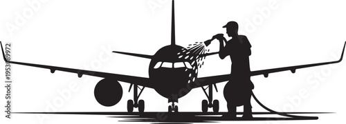 Man washing airplane with hose cleaning 2