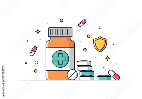 Prescription medication safety concept centered on a pill bottle with a medical cross symbol and neatly arranged tablets beside it, highlighting responsible