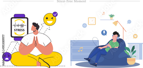 Stress Free Moment Flat Vector Mental Wellness Mindfulness Relaxation Illustration