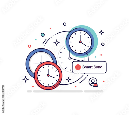 Timezone friendly scheduling app concept featuring a simplified interface with layered clocks and a small label like Smart Sync, emphasizing ease of planning