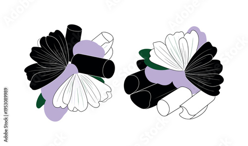 Black and white wildflowers arranged loosely across the frame, abstract cylinders and semicircles echoing petal shapes, retro cut-out layering with white