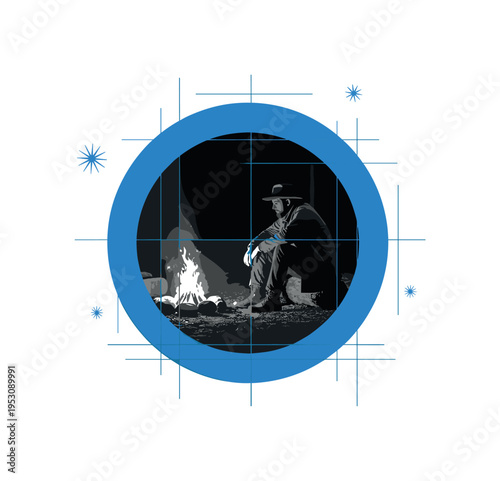 Black and white image of a wanderer sitting by a campfire, layered with a large blue circular frame and thin structured grid lines symbolizing introspection