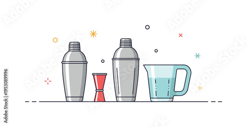 Home bar setup compact arrangement of shaker, jigger, and mixing glass aligned neatly on a minimal surface line. A modern concept illustration about DIY