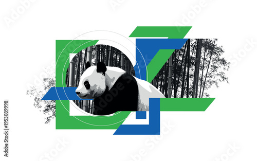 Black and white panda silhouette integrated subtly among bamboo stalks, oversized circular halo framing the animal, bold green and cobalt blue flat geometric