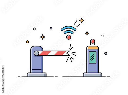 Smart city entry point disruption shown as a stylized toll gate with broken barrier arm and small connectivity icon flickering above, representing service