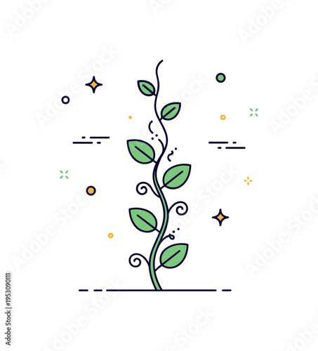 Climbing plant vine concept centered on a twisting stem with evenly spaced leaves and subtle tendril details, symbolizing upward movement and vitality. The