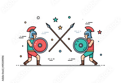 Ancient battle reenactment scene showing two stylized warriors with shields and crossed spears, symbolizing historical education and dramatic live