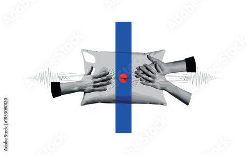 Black and white hands clapping a pillow from both sides, bold blue vertical bar dividing composition symmetrically, thin linear vibration lines across center,