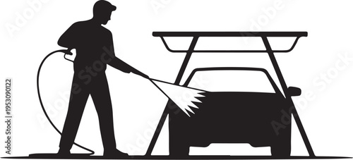 Man washing car with pressure washer cleaning car