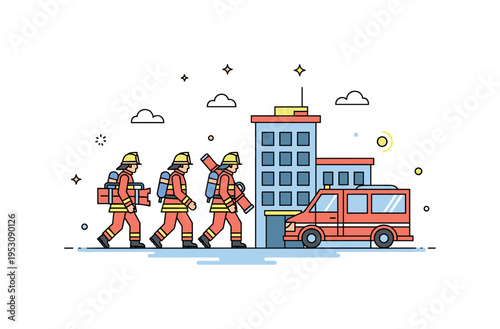 Emergency response team with firefighters in protective gear carrying equipment towards a building, emphasizing urgency, coordination, and safety. Minimalist