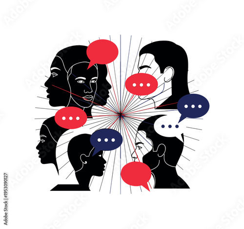 Black and white overlapping profiles of multiple friends forming a circular composition, speech illustrated as bold geometric fragments connecting each face,