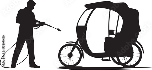 Man washing covered tricycle with pressure washer person
