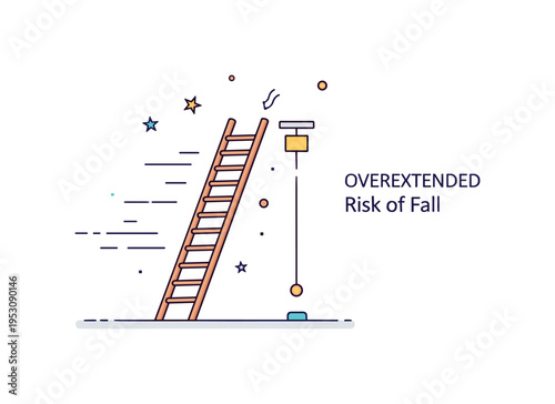 Overextended ladder illustration showing a ladder reaching beyond a safe height with subtle motion lines. A gentle ?Risk of Fall? caption emphasizes caution
