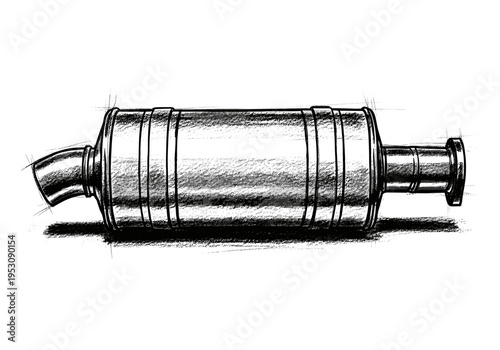 Sketch of a car exhaust muffler with a curved pipe and a straight outlet on a white background
