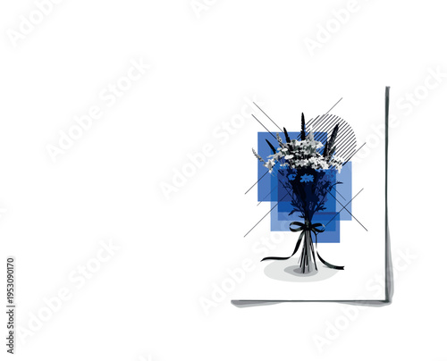 Black and white wildflower bouquet tied with ribbon, layered with blue abstract blocks and thin diagonal lines, gentle flash of light sweeping across the