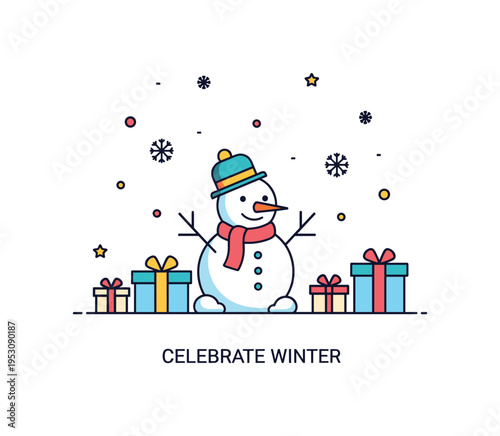 Outdoor winter celebration scene with a friendly snowman surrounded by simple gift boxes and falling snowflakes. A concise ?Celebrate Winter? caption