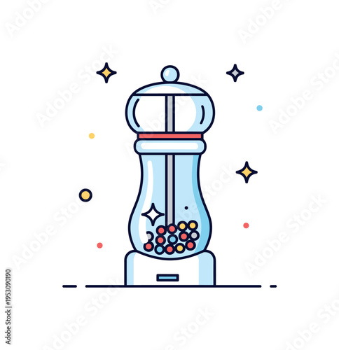 Transparent pepper grinder clear body mill showing peppercorns inside with subtle shine marks suggesting freshness and quality. A clean editorial icon about
