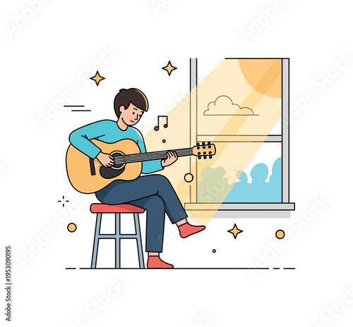 Guitar playing by a young musician sitting on a stool with sunlight streaming through a window, highlighting concentration, rhythm, and the joy of music.