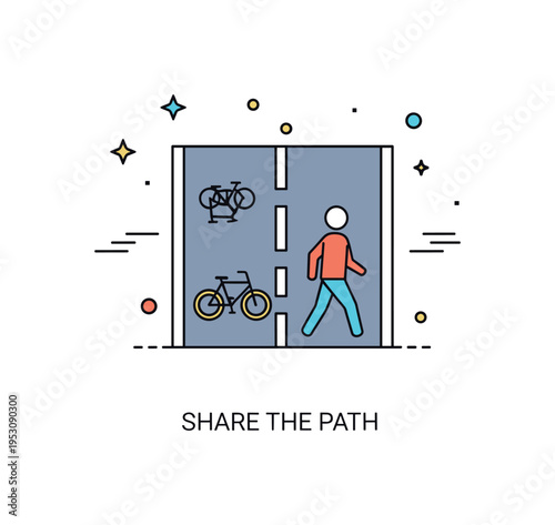 Shared bike lane and pedestrian awareness concept centered on a lane with both a small bike icon and walking figure, symbolizing coexistence and safety. A