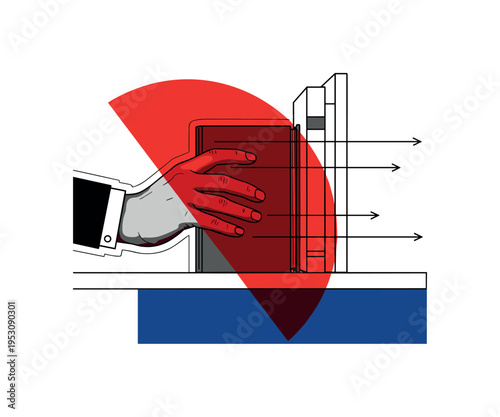 Black and white hand pulling a book from shelf, bright red semicircle intersecting composition dramatically, thin linear arrows indicating motion, deep blue