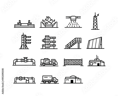 Launch Pad Infrastructure. Line icon set of Launch Pad Infrastructure: launch pad base, flame deflector, water deluge system, lightning tower, umbilical tower,