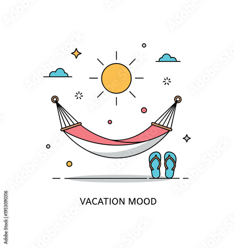 Summer break relaxation theme featuring a hammock suspended under a minimal sun with flip flops placed nearby. A gentle ?Vacation Mood? caption enhances the