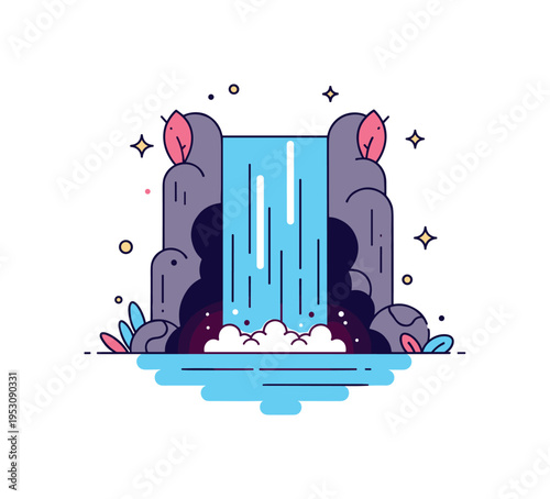 Bioluminescent waterfall cascading water highlighted with glowing accents flowing into a softly lit pool below. A serene editorial scene capturing movement and