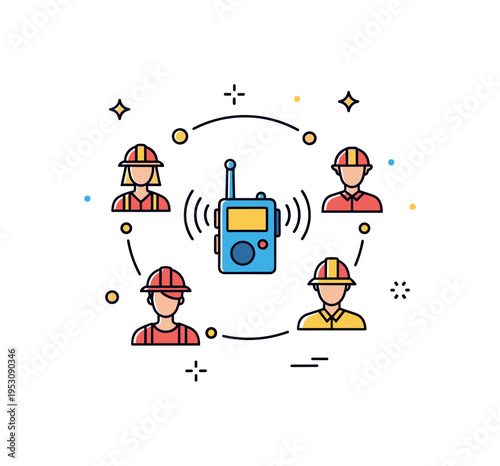 Emergency communication exercise represented by responders around a small radio device with subtle signal wave accents forming a balanced circle. The