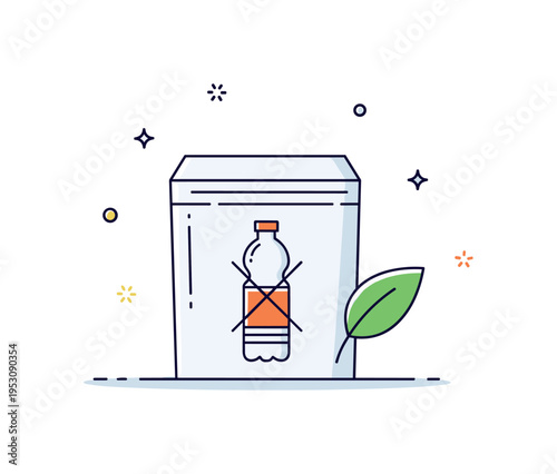 Minimal plastic packaging alternative illustrated by a simple container with a crossed out plastic bottle icon and subtle leaf accent, representing reduced