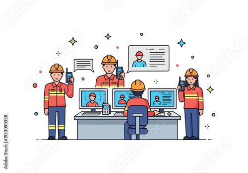 Emergency response team depicted with a command center scene showing responders coordinating via radios and screens, emphasizing strategy, communication, and