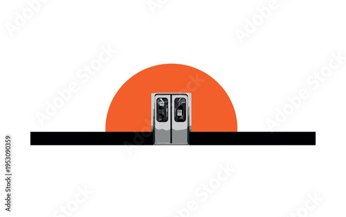 Monochrome commuter train doors centered symmetrically, bold orange half-circle behind like rising urban sun, thin horizontal baseline grounding the design,