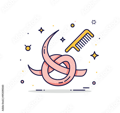 Hair tangle care concept featuring a soft rounded hair strand knot with a small comb icon approaching it, symbolizing gentle detangling and self care. The
