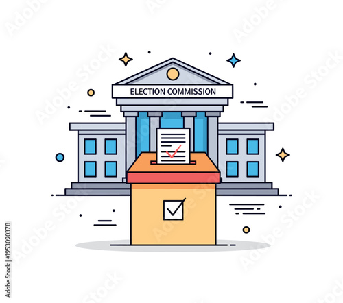 Election commission office ballot box with a checkmarked paper positioned in front of a simple institutional facade. A clean visual metaphor for transparency