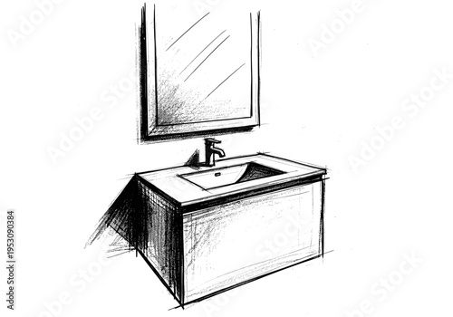 Hand-drawn sketch of a modern bathroom vanity with a sink and mirror on a white background