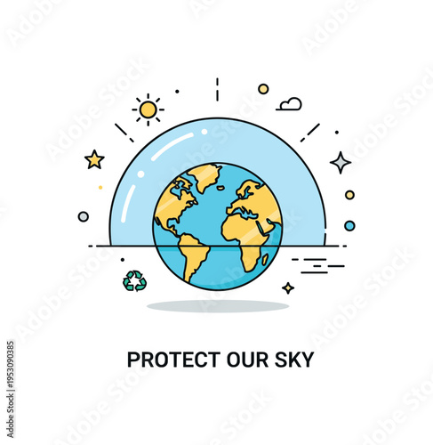 Atmospheric protection concept centered on a simplified Earth shielded by a transparent curved layer symbolizing the ozone barrier. Minimal sun rays and a