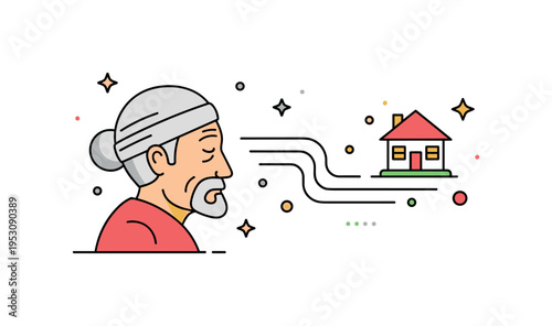 Oral storytelling tradition elder profile with subtle speech line accents flowing toward a small village house icon. A meaningful concept illustration about