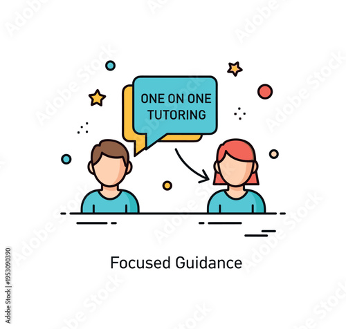 One on one tutoring theme featuring two simplified figures connected by a speech bubble icon, symbolizing direct feedback and individual support. A concise