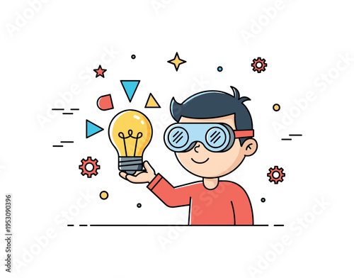 Inventive thinking scene where a child wearing simple goggles holds a light bulb that radiates colorful shapes. Tiny gear and star icons suggest curiosity,