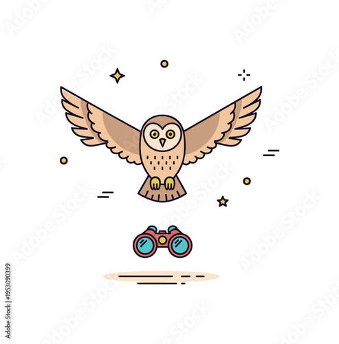 Wildlife observation theme centered on a flying owl with a small binocular icon subtly placed below, suggesting birdwatching interest. The