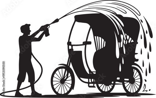 Man washing rickshaw with hose cleaning 1