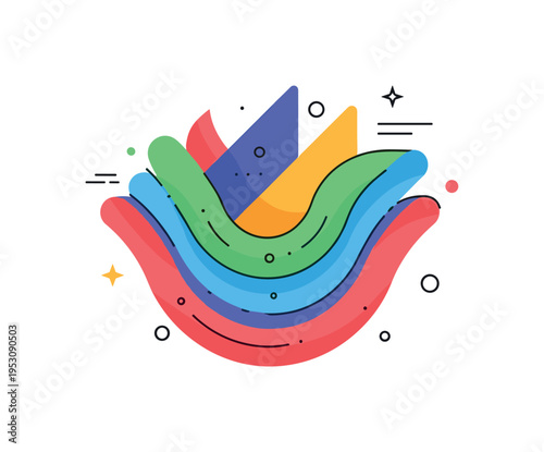 Layered abstract forms with curved and angular shapes in vibrant colors, creating a playful, dynamic, and visually engaging composition. Minimalist flat vector