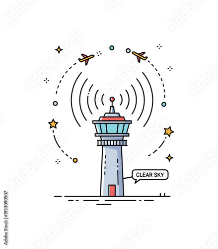 Air traffic control coordination featuring a tall control tower with simplified radar waves radiating outward while two small aircraft icons circle