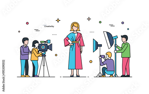 Top model wearing avant-garde fashion for a high-profile photoshoot with camera crew, highlighting creativity, poise, and professional styling. Minimalist flat